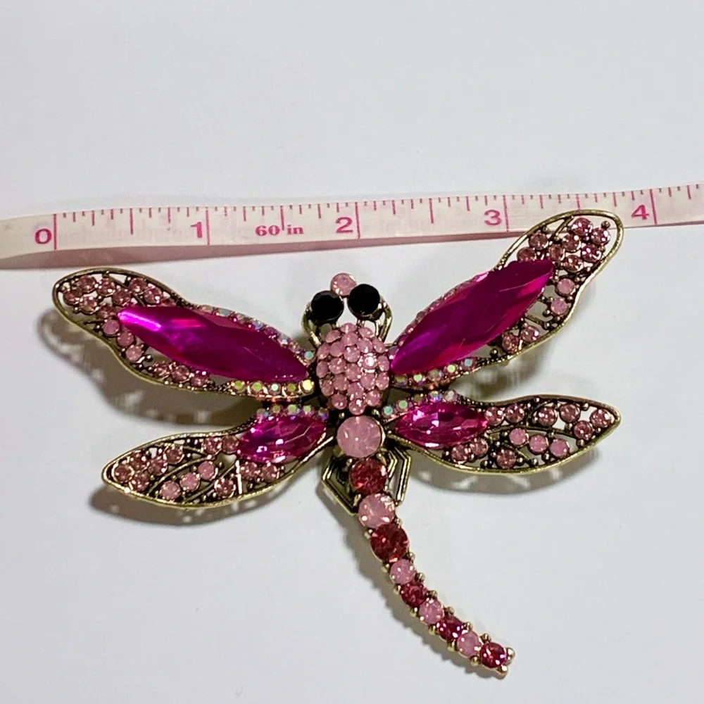 Vintage gemstone antique embellished dragonfly brooch pin pink gold barbiecore
